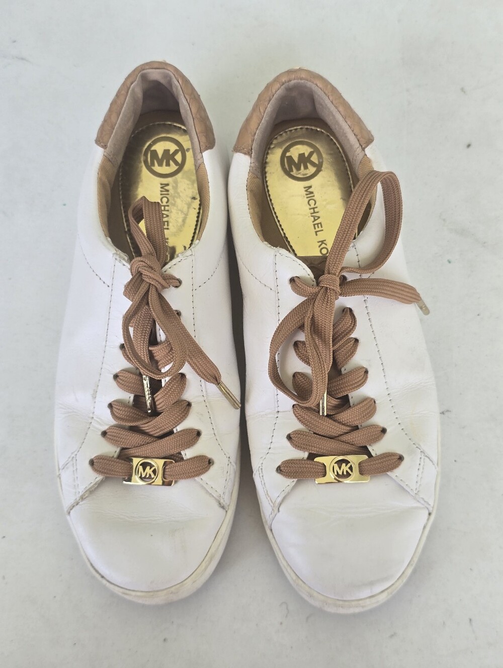 Michael Kors MK White Leather Brown Lace Up Low Top Sneakers Sz 6.5M Women